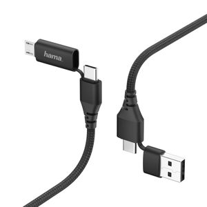Hama LAAD/SYNCHROKABEL 4 IN 1 MET USB TYPE-C/MICRO USB/USB-A 1.5M Oplader Zwart