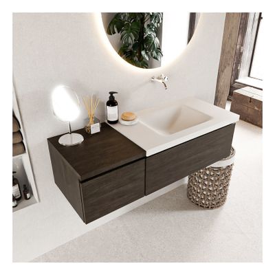 Mondiaz Bukla 120cm badmeubel met module 40 dark brown 2 lades met wastafel rechts zonder kraangat kleur talc