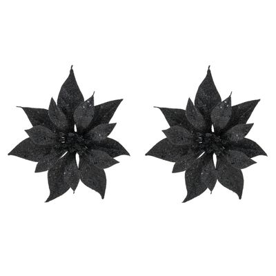 2x stuks decoratie bloemen kerstster zwart glitter op clip 18 cm