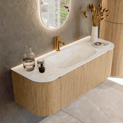 Badmeubel Mondiaz Kurve-Dlux | 130 cm | Meubelkleur Oak | Wastafelkleur Ostra | Solid surface | Midden spoelbak | 1 kraangat