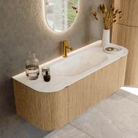 Badmeubel Mondiaz Kurve-Dlux | 130 cm | Meubelkleur Oak | Wastafelkleur Ostra | Solid surface | Midden spoelbak | 1 kraangat