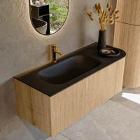 Mondiaz KURVE 115 cm Onderkast Greeploos 1 Lade Met Deuren Oak, Wastafel Solid Surface Links Urban 1 Kraangat Zonder Spiegel (KRVBGS115R1L1D1KL-Oak/Urb)