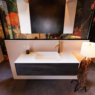 Badkamermeubelset Mondiaz Erin 120 cm met 1 Lade met RIDGE Wastafel Midden Talc met 1 kraangat Greeploos Mat Dark Brown