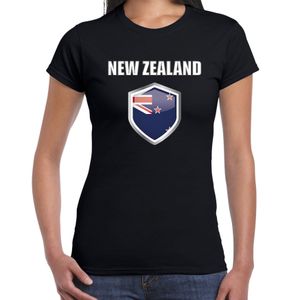 Nieuw Zeeland landen supporter t-shirt met Nieuw Zeelandse vlag schild zwart dames