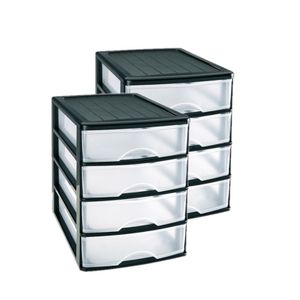 2x stuks ladeblok/bureau organizer met 4x lades zwart/transparant L 35,5 x B 27 x H 35 cm