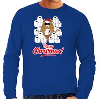 Foute Kersttrui / outfit met hamsterende kat Merry Christmas blauw voor heren Foute Kersttrui / outfit met hamsterende kat Merry Christmas blauw voor heren