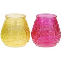 Windlicht geurkaars - 2x - geel/roze glas - 48 branduren - citrusgeur - geurkaarsen - thumbnail