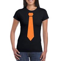 Koningsdag verkleed T-shirt voor dames - stropdas - zwart - met glitters - feestkleding - thumbnail