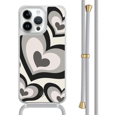 iPhone 14 Pro Max hoesje met grijs koord - Hart swirl zwart iPhone 14 Pro Max hoesje met grijs koord - Hart swirl zwart