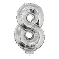 Zilveren opblaas cijfer ballon - 8 jaar - op stokje - H41 cm - Leeftijd versiering