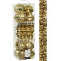 Decoris 30x stuks kunststof kerstballen en ornamenten met slinger goud