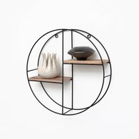 Zwart metalen wandrek met 2 houten plankjes - Rond - 37x10 cm - thumbnail