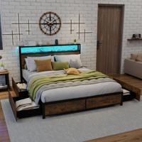 Kingsize LED-Bedframe met Laadstation en 4 Lades Platformbed met Opberghoofdeinde en Type-C-poort App-Bediening en Afstandsbediening