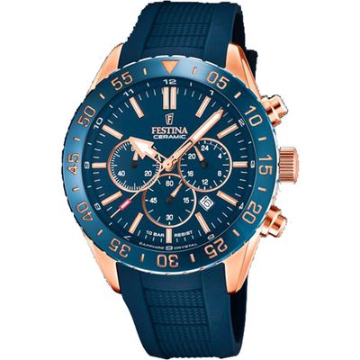 Festina F20516/1 Horloge Ceramic Chronograaf staal-rubber rosekleurig-blauw 44 mm