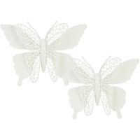 House of Seasons vlinders op clip - 2x stuks - wit glitter - 16 cm