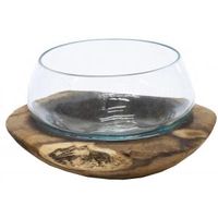 Decowood Glass Round Bowl 30x17 cm ronde glazen schaal op hout L decoratie