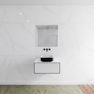 Badkamermeubelset Mondiaz LAGOM 70 cm Topblad met Gecentreerde Wastafel Solid Surface Opzetkom Binx Zonder Kraangat Mat Zwart (1 lade)