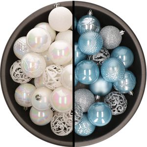 Kunststof kerstballen 74x stuks parelmoer wit en lichtblauw 6 cm - Kerstbal