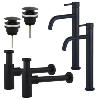 Fortifura Calvi Slim Wastafelkraanset - voor dubbele wastafel - verhoogde wastafelkraan - klikwaste plug - design sifon - Mat zwart 2x SW377836/2x SW696199/2x SW696210