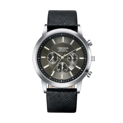CHRONOS CH0401 drie-oog zes-naald lederen riem sport horloge voor mannen (zwart)