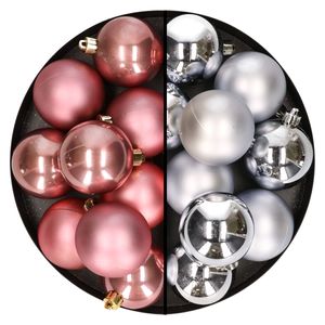 24x stuks kunststof kerstballen mix van zilver en oudroze 6 cm