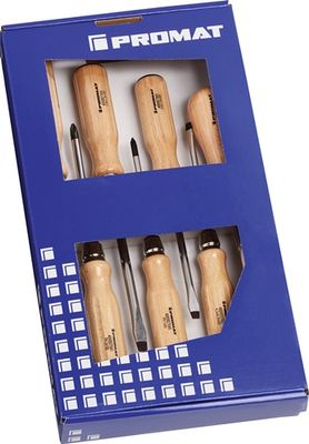 Promat Schroevendraaierset | 7-delig sleuf / PH / priem | houten greep | ronde kling met 6-kant aanzet - 4000827119 4000827119