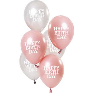 Ballonnen Glossy Pink 'Happy Birthday' (6st)