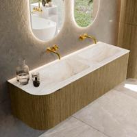 Badmeubel Mondiaz Kurve-Dlux | 145 cm cm | Meubelkleur Dusk | Wastafelkleur Frappe | Solid surface | Dubbel / Rechts spoelbak | Zonder kraangat(en)