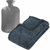Fleece deken/plaid Blauwgrijs 130 x 180 cm en een warmwater kruik 2 liter - Plaids - thumbnail