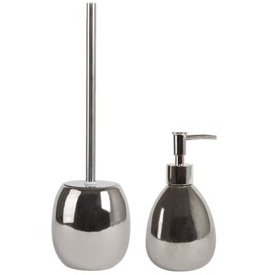 Toiletborstel in houder 39 cm/zeeppompje set Kymi - Polyresin/rvs - zilver shine