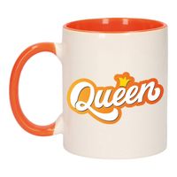 Mok/ beker wit en oranje Koningsdag Queen met kroontje 300 ml - feest mokken - thumbnail