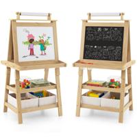 3-In-1 Kinderschildersezel Dubbelzijdig Whiteboard & Krijtbord & Tekenpapier 2 Planken Houten Bord met 2 Opbergdozen