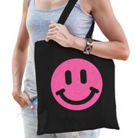 Cadeau tas voor dames - glitter smiley - zwart - katoen - 42 x 38 cm - Moederdag - verjaardag