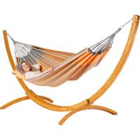 Tweepersoons hangmat met houten standaard - 350x160cm -OranjeRoze - 160kg draagkracht- 100% katoen - binnen & buiten Tweepersoons hangmat met houten standaard - 350x160cm -OranjeRoze - 160kg draagkracht- 100% katoen - binnen & buiten