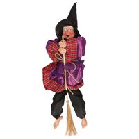 Halloween decoratie heksen pop op bezem - 44 cm - paars/rood - thumbnail