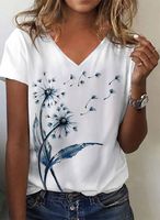 Vacation Dandelion Floral Printed Casual Loosen V Neck Short Sleeve T-Shirt - thumbnail