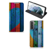 Samsung Galaxy S21 FE Book Wallet Case Wood Heart - Cadeau voor je Vriend