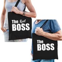 The boss en the real boss kadotassen / shoppers zwart katoen met witte tekst koppels / bruidspaar / echtpaar voor volwas - thumbnail