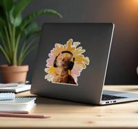 Blije kat met koptelefoon laptop sticker