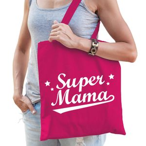 Katoenen moeder cadeau tasje super mama fuchsia roze