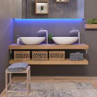 Looox Wooden Base Shelf Duo 200 cm, eiken old grey, Handdoekhouders geborsteld rvs - thumbnail