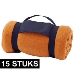 15x Fleece dekens/plaids oranje afneembaar handvat 160 x 130 cm