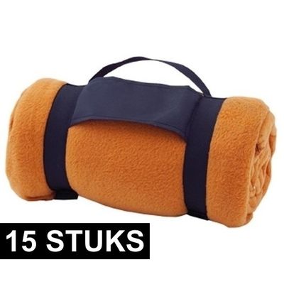 15x Fleece dekens/plaids oranje afneembaar handvat 160 x 130 cm