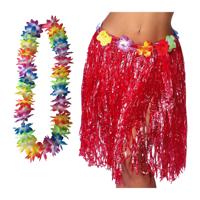 Hawaii verkleed hoela rokje en bloemenkrans met led - volwassenen - rood - tropisch themafeest - thumbnail