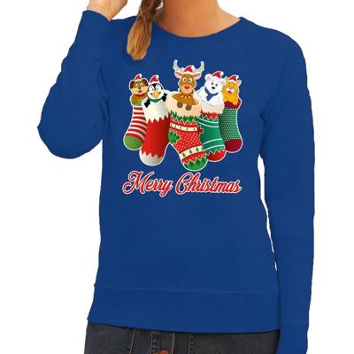 Foute Kersttrui - sweater - kerstsokken met diertjes - Merry Christmas - blauw - voor dames