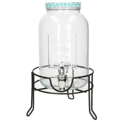 Limonade/drankdispenser op verhoger - blauw/wit geblokte dop - 3,5 liter - glas - H37 x B19 cm