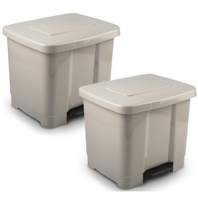 2x vuilnisbak/pedaalemmer - 2-vaks - beige - 35 liter - 43 x 38 x 38 cm - kunststof