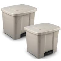 2x vuilnisbak/pedaalemmer - 2-vaks - beige - 35 liter - 43 x 38 x 38 cm - kunststof