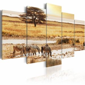 Schilderij - Zebra's op de Savanne - Afrika, 5luik, Geel/beige, wanddecoratie