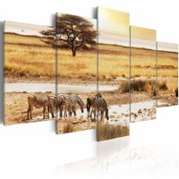 Schilderij - Zebra's op de Savanne - Afrika, 5luik, Geel/beige, wanddecoratie